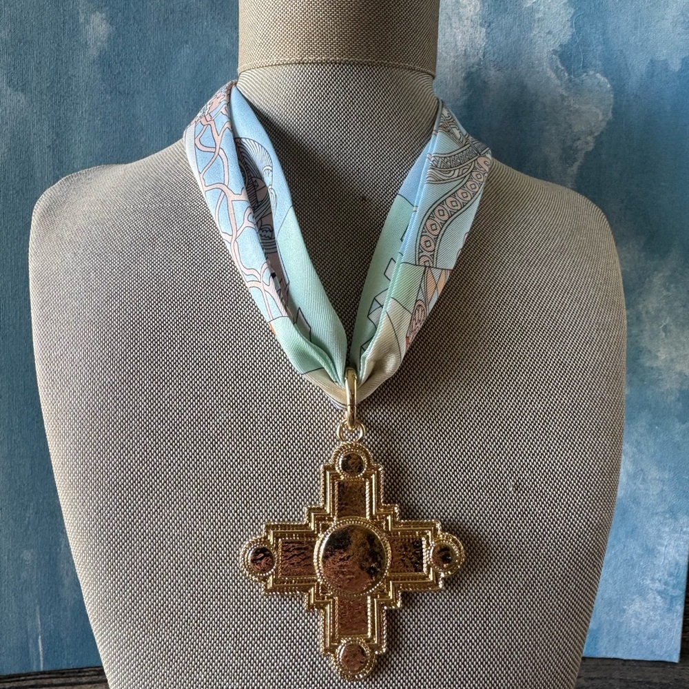 Gold Cross Pendant Necklace with Pastel Silk Scarf